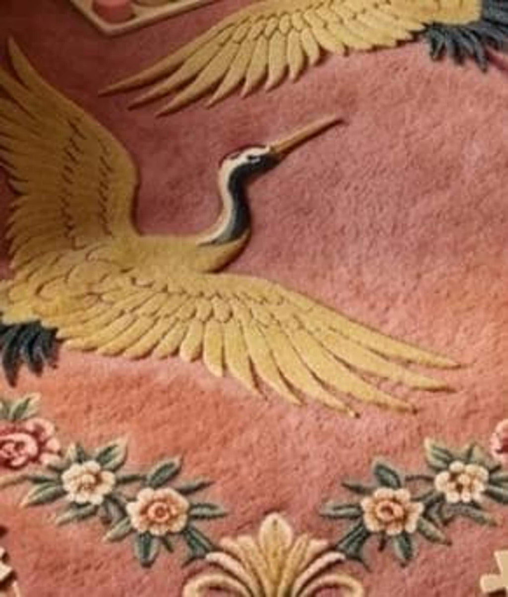 Peach Crane Area Rug, Hand-Tufted New Zealand Wool, Golden Bird Motif and Floral Border | 100% New Zealand Wool | Made to Order
