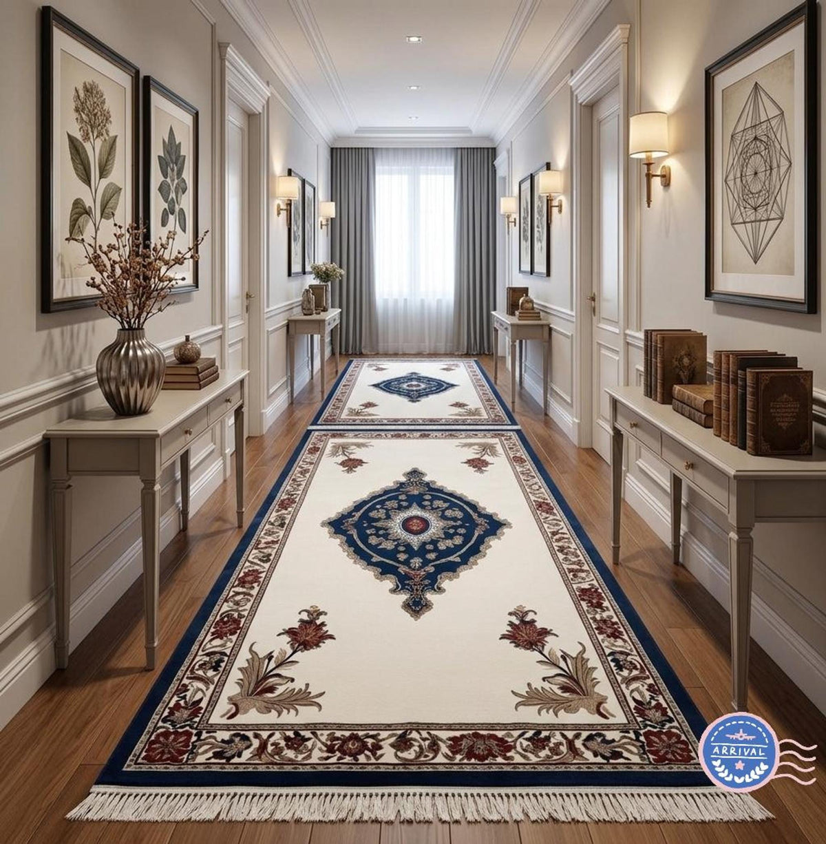 Luxury Wool Area Rug, Ivory Sapphire Medallion with Burgundy Floral Border, Hand-Tufted Traditional Decor | Made to Order