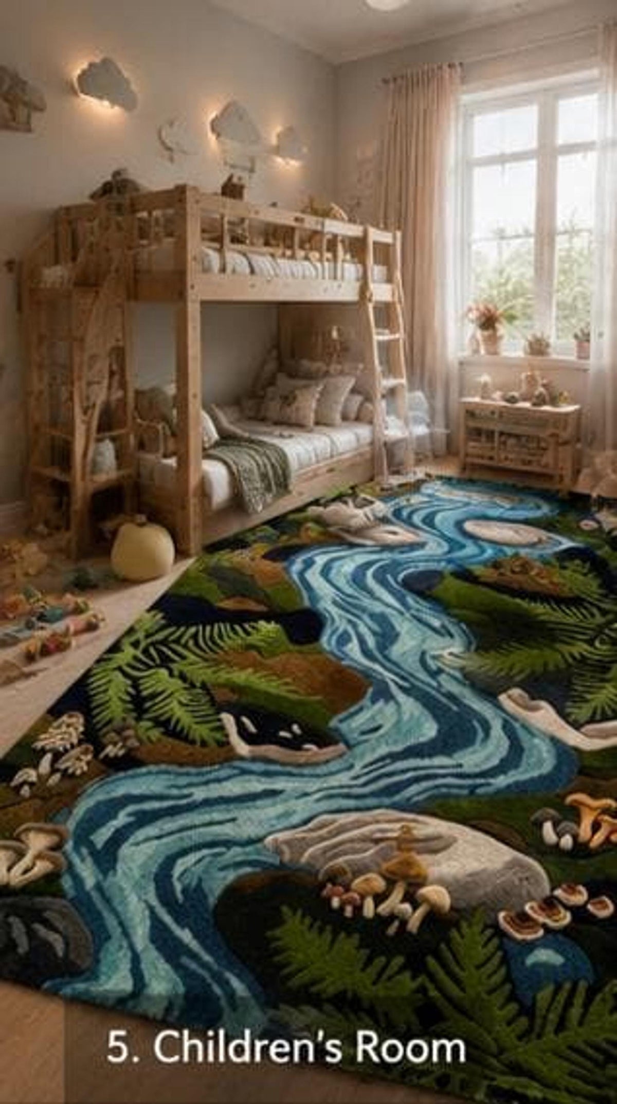 3D River Area Rug, Handmade Wool Pile with Sculpted Boulders, Mushroom and Fern Woodland Decor | Made to Order