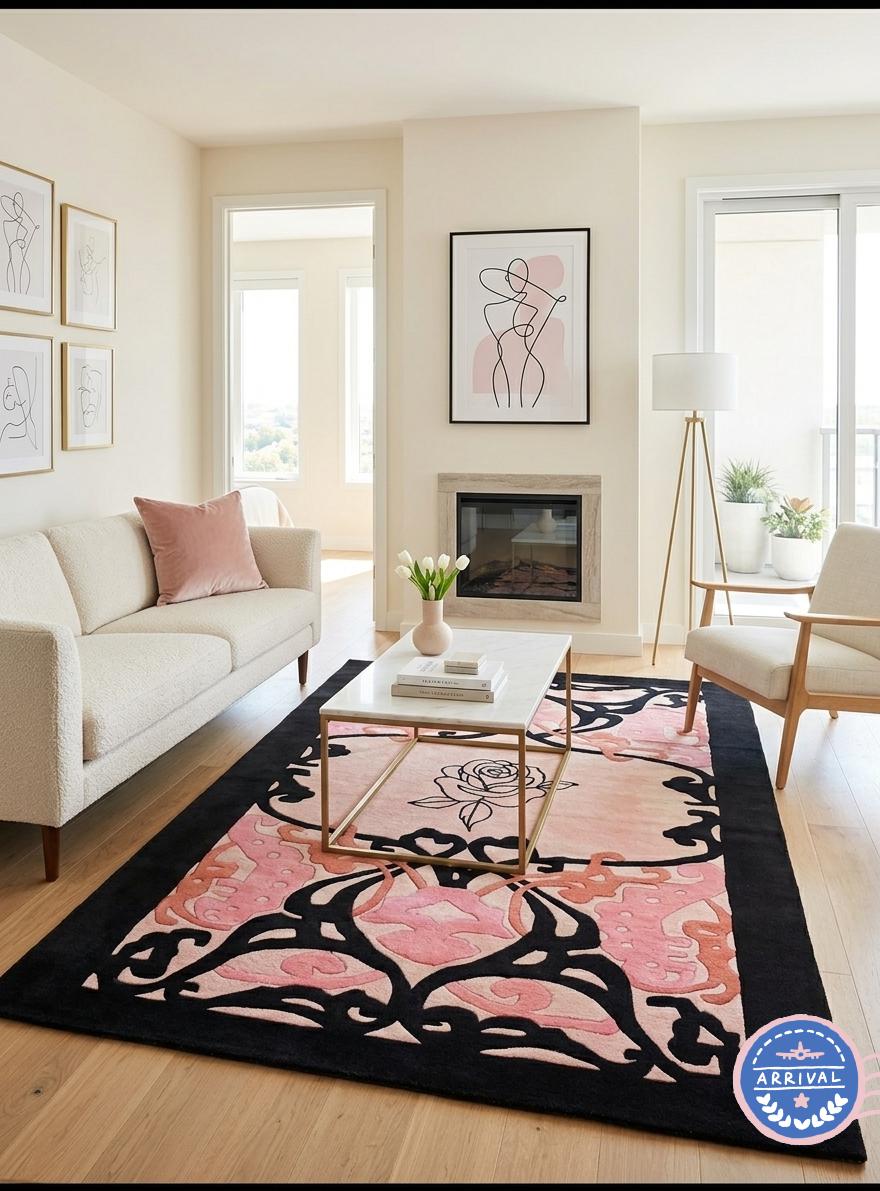 Hand-Made Trending Rose Area Rug – Modern Minimalist High Pile, Art Nouveau Border | Made to Order