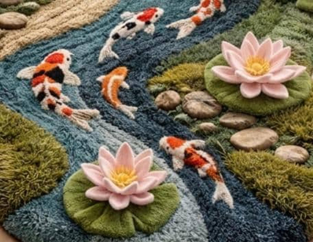 Koi Pond Rug, Hand-Tufted Wool Floor Art, Japanese Zen Garden Decor | Made to Order
