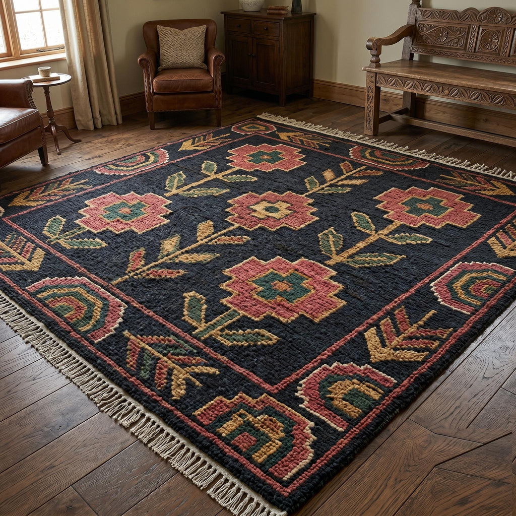 Hand Knotted Wool Area Rug – Dark Floral Geometric with Intricate Border | Free Doorstep Delivery to USA (Made to Order)
