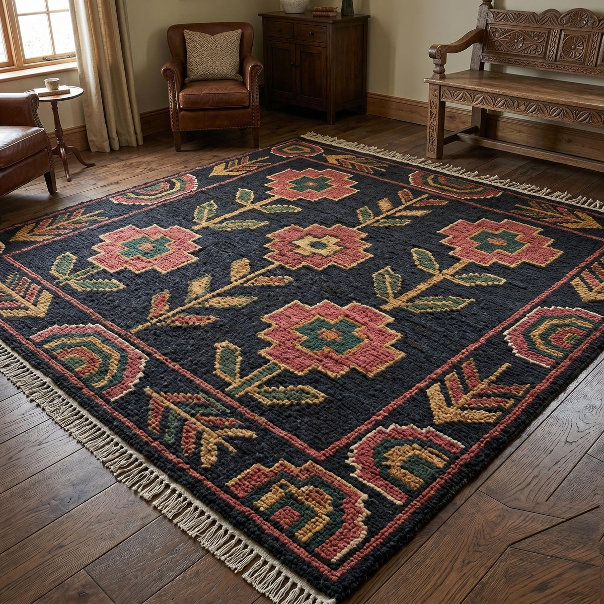 Hand Knotted Wool Area Rug – Dark Floral Geometric with Intricate Border | Free Doorstep Delivery to USA (Made to Order)