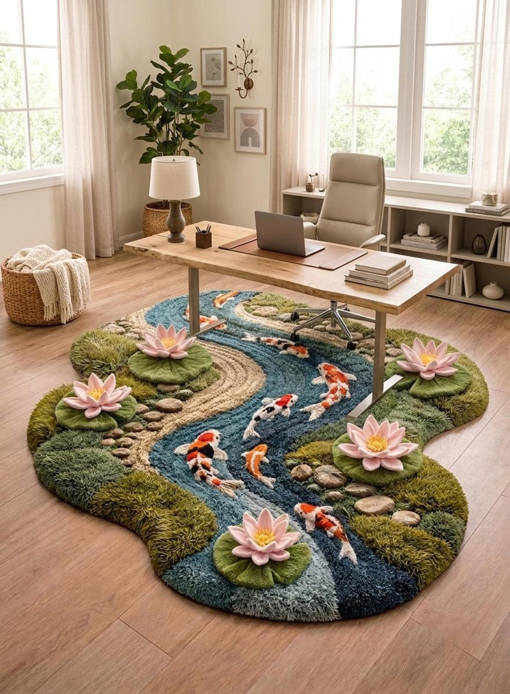 Koi Pond Rug, Hand-Tufted Wool Floor Art, Japanese Zen Garden Decor | Made to Order
