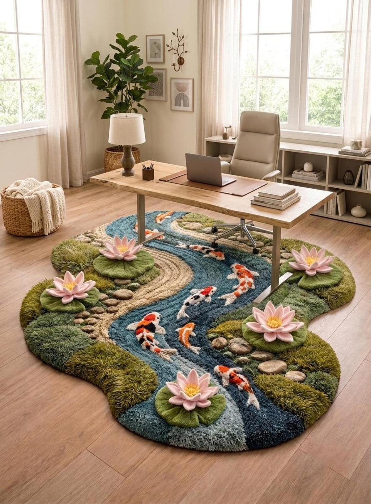 Koi Pond Rug, Hand-Tufted Wool Floor Art, Japanese Zen Garden Decor | Made to Order