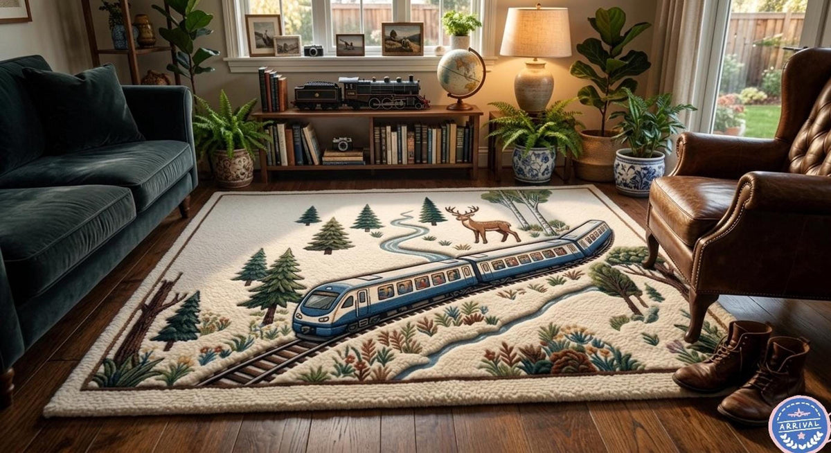 3D Tufted Train, Woodland Landscape for Kids Room Decor, Storybook Wool Rug | Made to Order