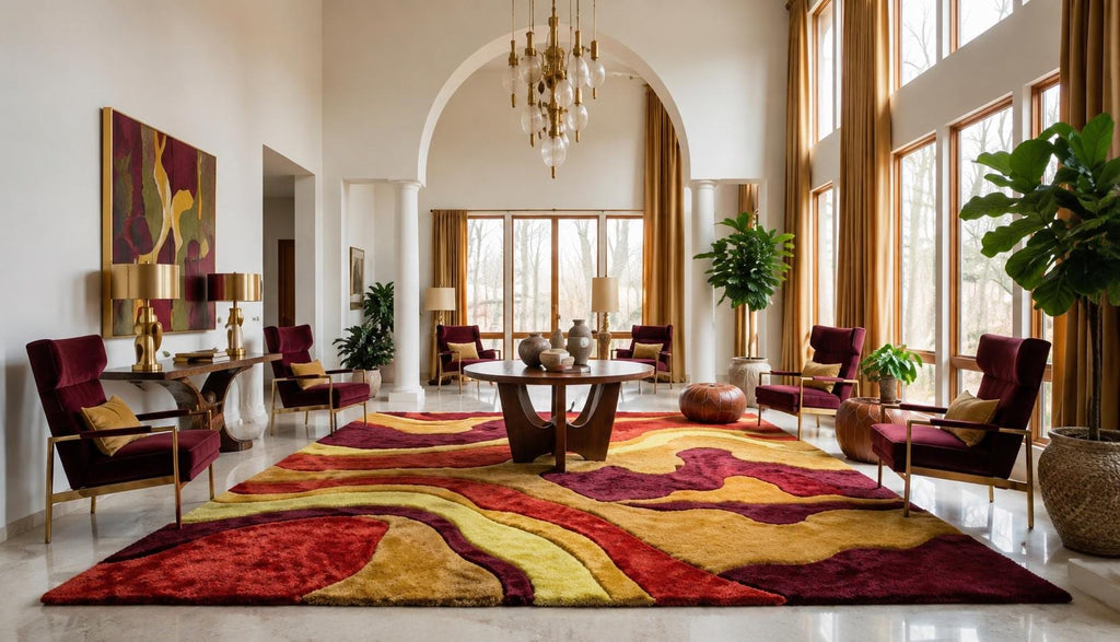 Hand-Tufted Wool Rug – Abstract Burgundy, Ochre Gold, Crimson Waves Carpet | 100% New Zealand Wool | Made to Order