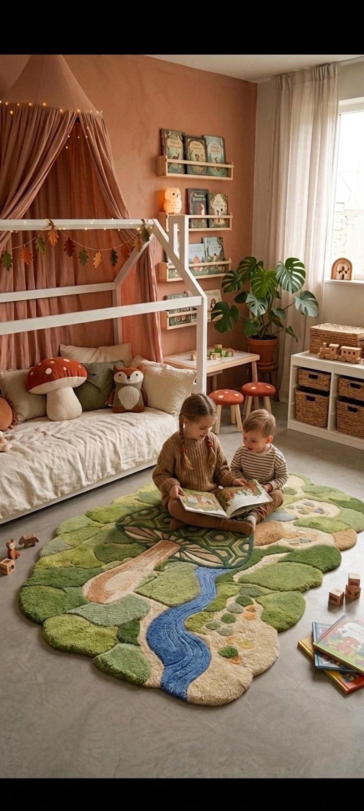 3D Mushroom Area Rug, Fairy Woodland Kids Room Decor, Carved Turtle River Scene | 100% New Zealand Wool | Made to Order