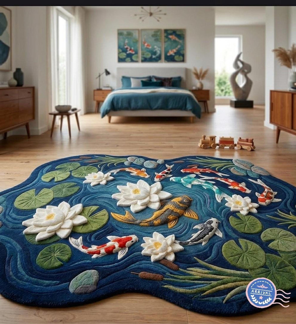 Koi Fish Area Rug, Irregular Shape Mat for Zen Bedrooms, Hand-Carved Wool Lotus Pond Design | Made to Order