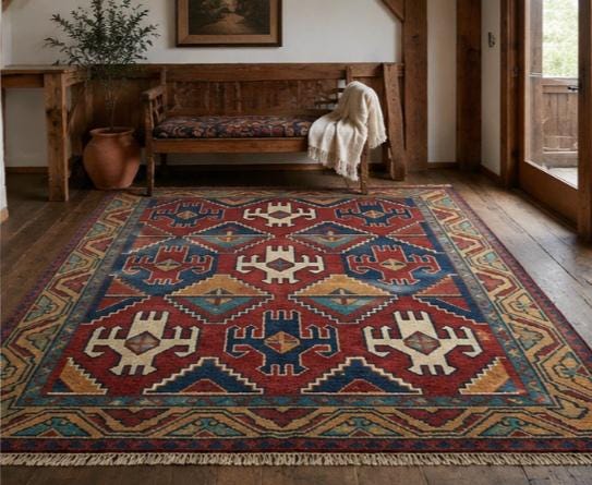 Hand Knotted Wool Area Rug – Tribal Southwestern Geometric | Free Doorstep Delivery to USA (Made to Order)