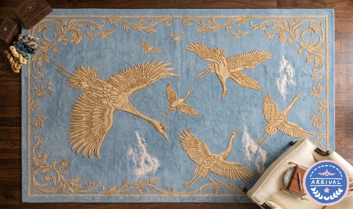 Blue Chinoiserie Rug, Hand-Tufted Wool With Golden Cranes, Plush High Pile Decor | 100% New Zealand Wool | Made to Order