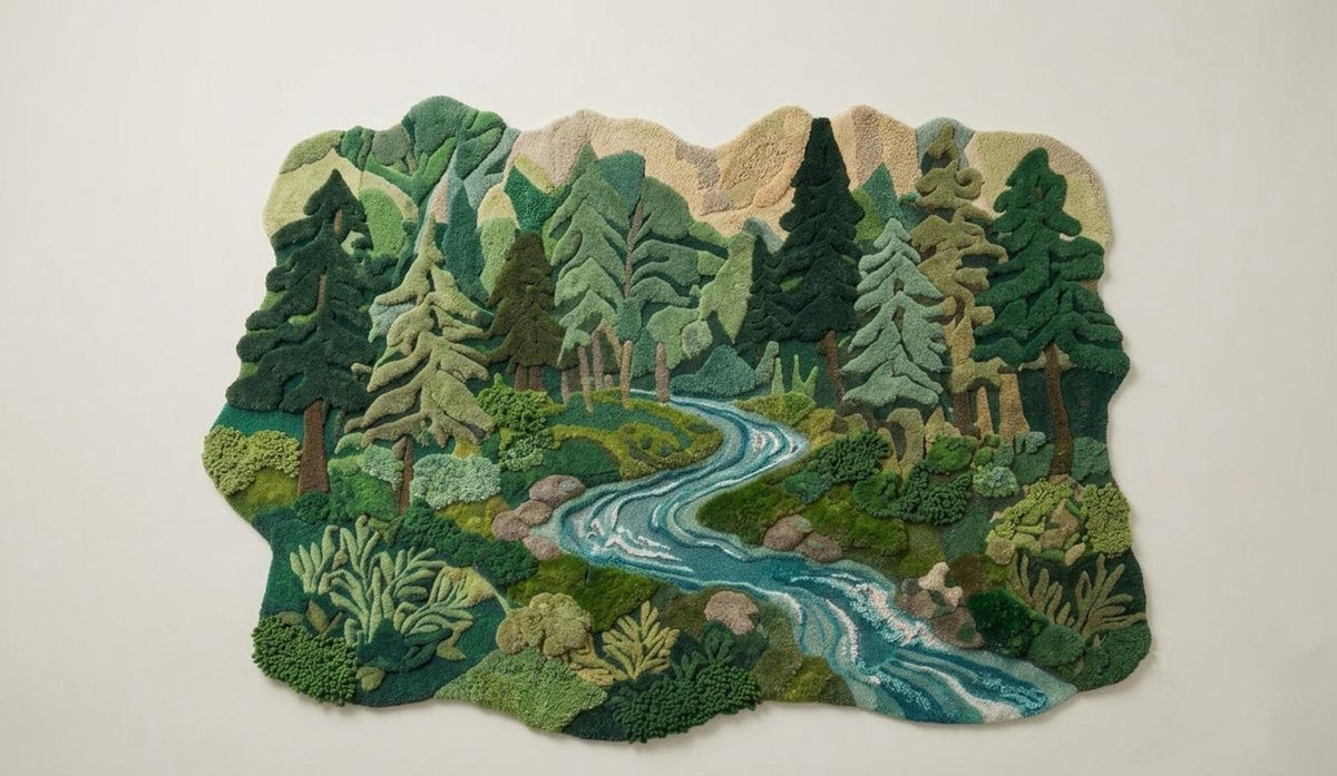 3D Landscape Rug, Mossy River Carpet for Nature Lovers, Handmade Wool Woodland Decor | Made to Order