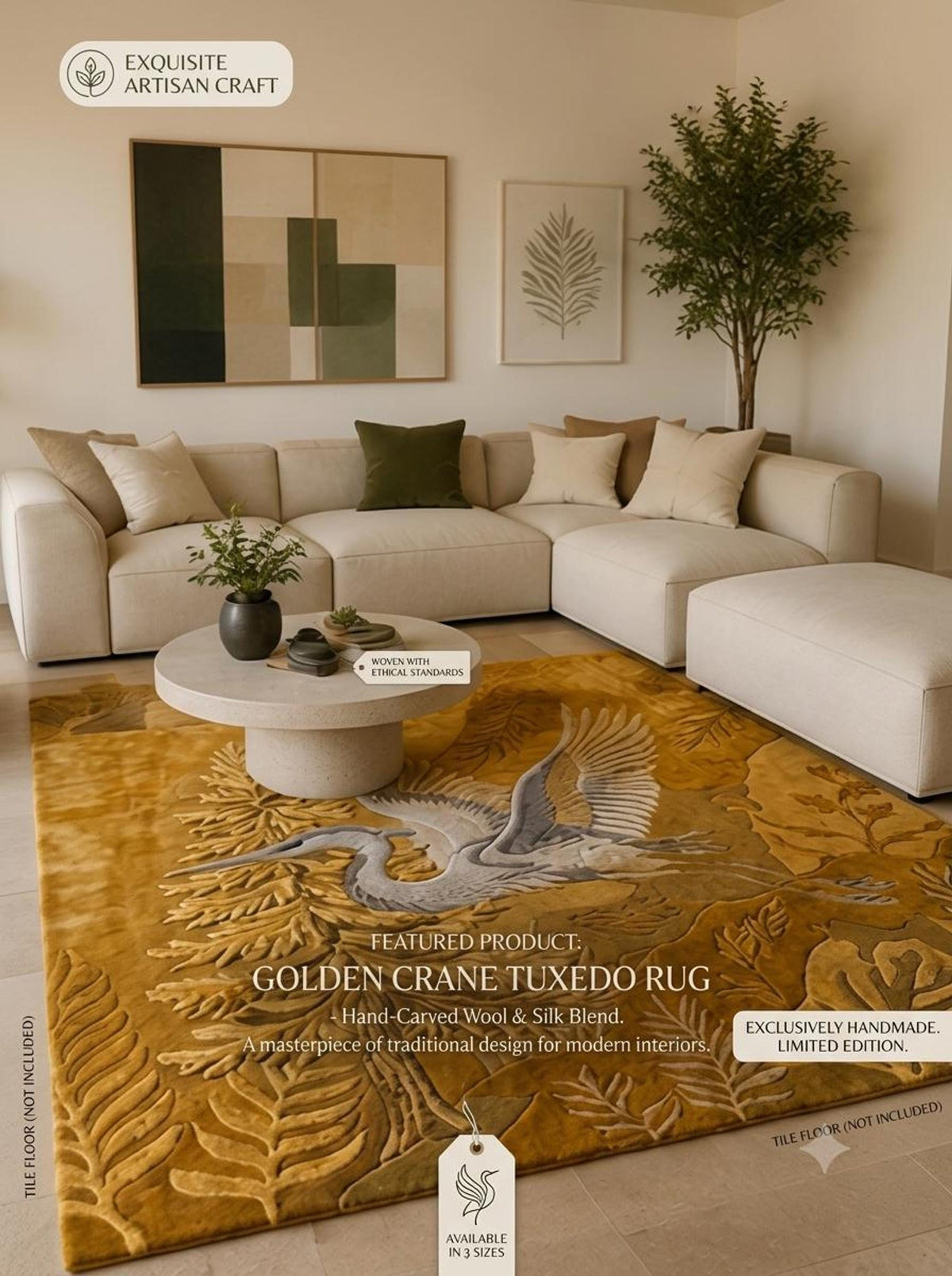 Botanical Heron Mat, Golden Yellow Autumn Home Decor, Sculpted Wool Entryway Accent | 100% New Zealand Wool | Made to Order