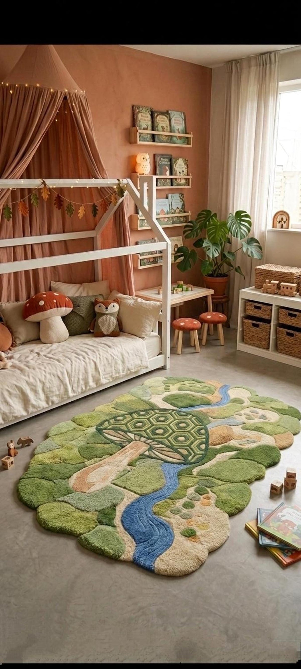3D Mushroom Area Rug, Fairy Woodland Kids Room Decor, Carved Turtle River Scene | 100% New Zealand Wool | Made to Order