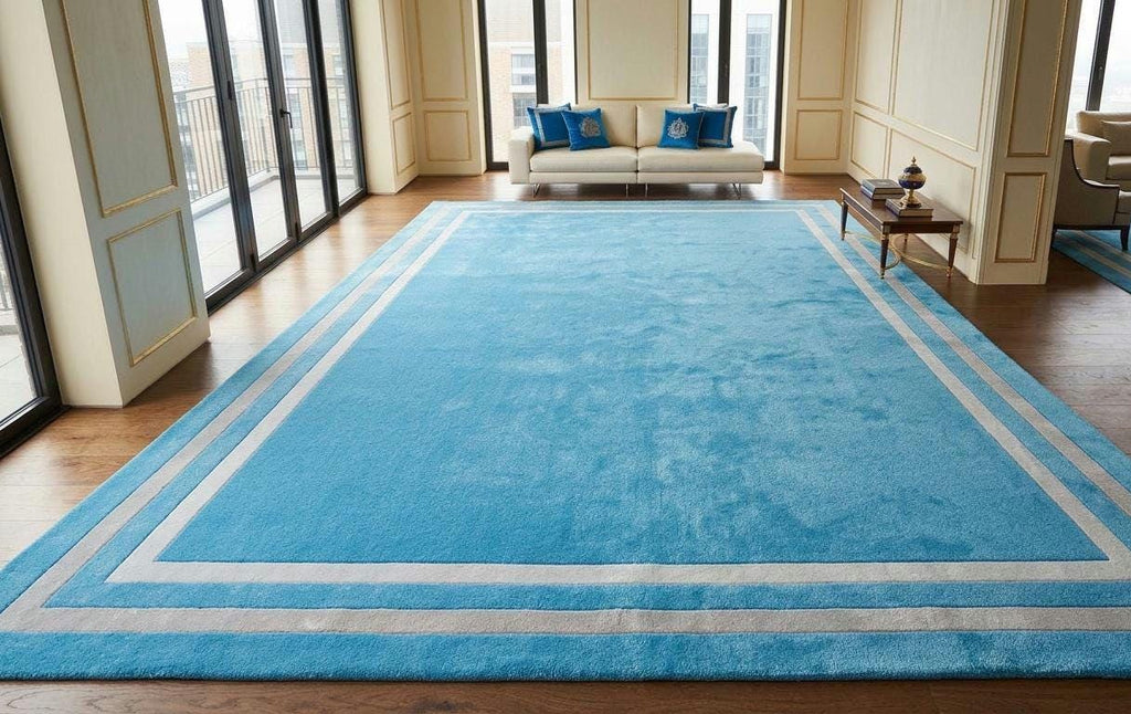 Handcrafted Sky Blue Wool Rug – Modern Minimalist Double Border Area Carpet | Made to Order