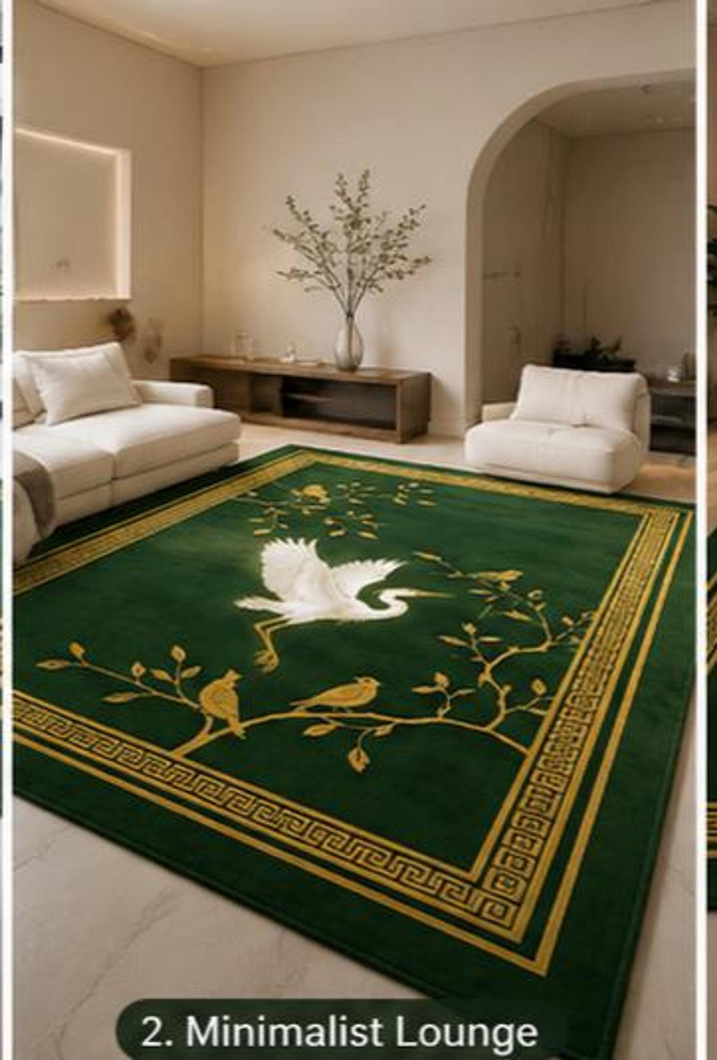 Chinoiserie Crane Rug, Hand-Tufted Emerald Carpet, Gold Songbird Accent | 100% New Zealand Wool | Made to Order