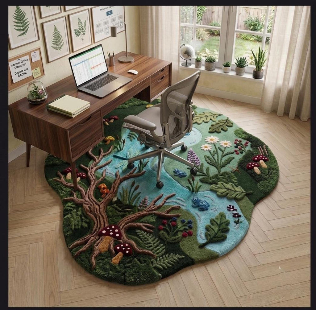 Woodland Nursery Rug, Hand-Carved Wool Forest Pond, Irregular Shape Mat for Kids | Made to Order