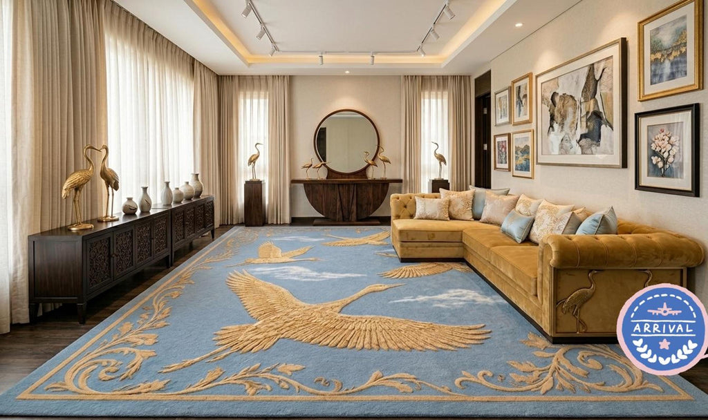 Blue Chinoiserie Rug, Hand-Tufted Wool With Golden Cranes, Plush High Pile Decor | 100% New Zealand Wool | Made to Order
