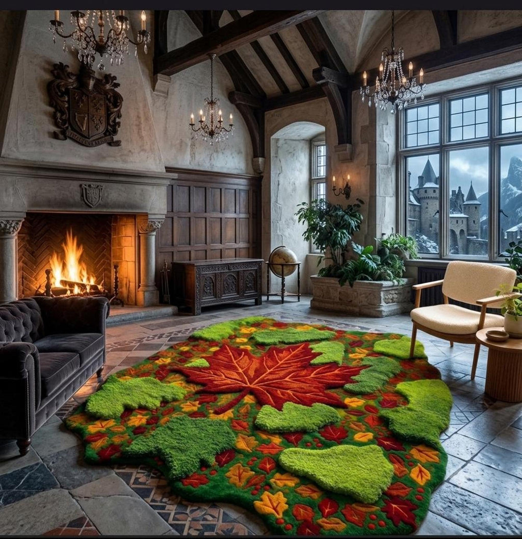Moss Area Rug, Maple Leaf Forest Floor Decor, Hand-Carved Wool Art | Made to Order