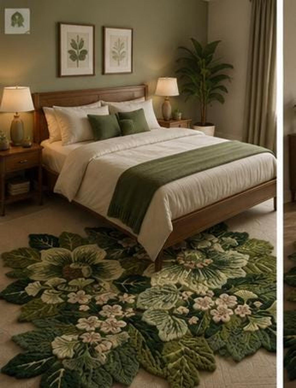 Carved Leaf Carpet, Hand-Made Wool Rug for Bedroom, Green Botanical Decor | Made to Order