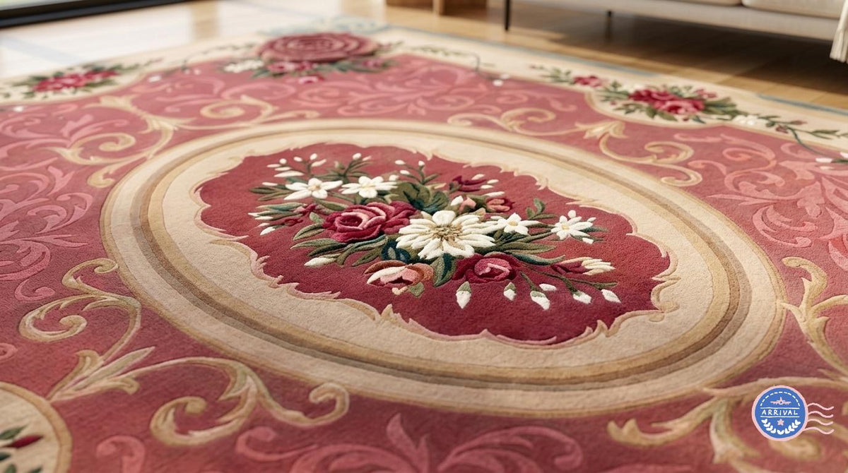 Hand-Tufted Wool Rug – French Rose Medallion, Dusty Rose Floral Aubusson Carpet | Made to Order