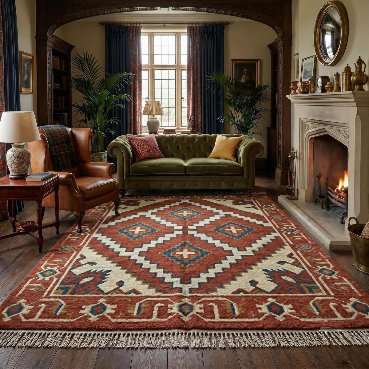 Hand Knotted Wool Area Rug – Rust, Cream & Blue Geometric Diamond | Free Doorstep Delivery to USA (Made to Order)
