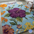 Vibrant 3D Sculpted Purple Hibiscus Hand-Tufted Rug – Sky Blue & Tropical Floral Bloom Carpet | Made to Order