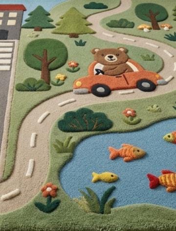 Interactive 3D Sculpted Town Road Animals Hand-Tufted Rug – Woodland Fox, Bear & Lion Kids Playmat | Made to Order