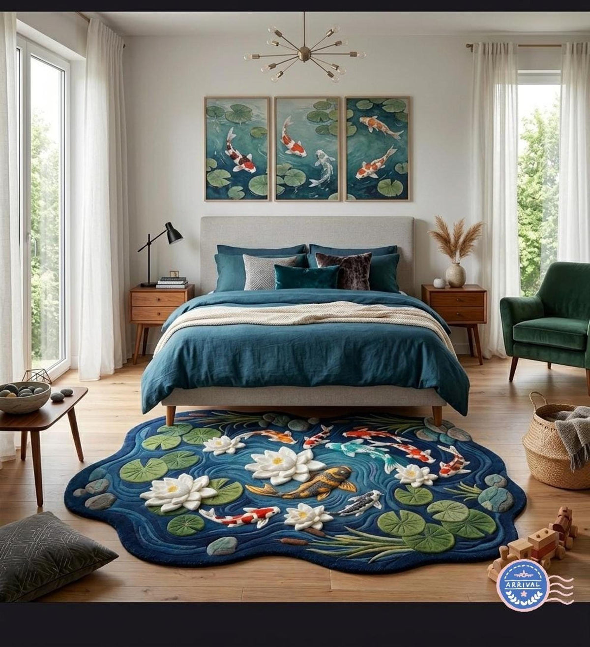 Koi Fish Area Rug, Irregular Shape Mat for Zen Bedrooms, Hand-Carved Wool Lotus Pond Design | Made to Order