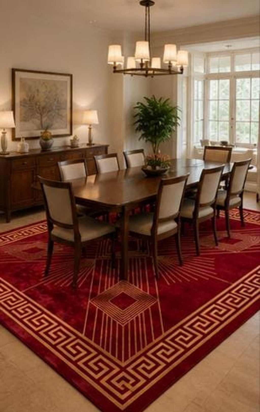 Red Geometric Area Rug, Art Deco Crimson and Gold Decor, Hand-Tufted Wool with Greek Key Border | 100% New Zealand Wool | Made to Order
