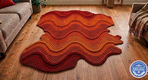 Handcrafted in India 3D Wavy Wool Rug - Sculpted Rust Orange Sunset Gradient Area Carpet, Retro 70s Groovy Mid-Century Modern Irregular | Made to Order