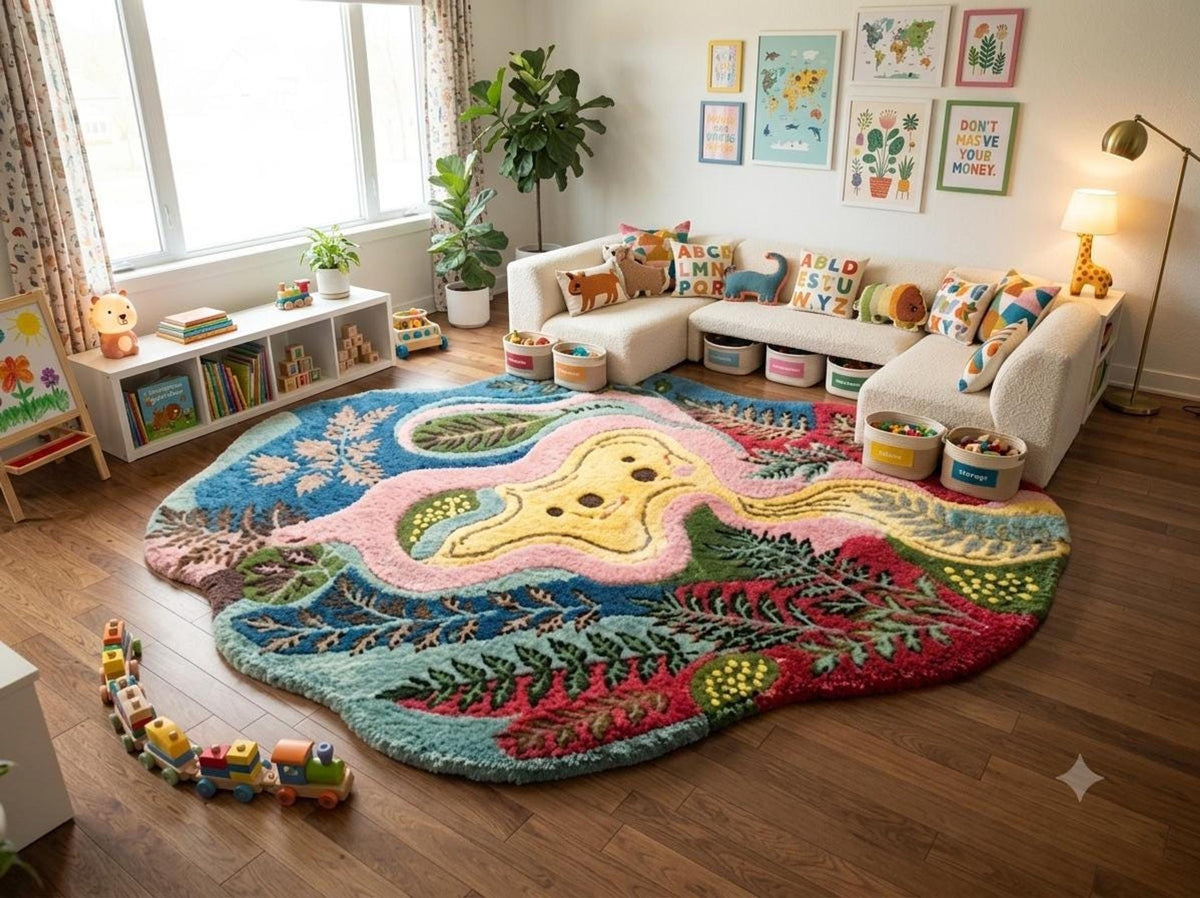 3D Textured Rug, Fern Pattern Design, Colorful Foyer Decor | Made to Order