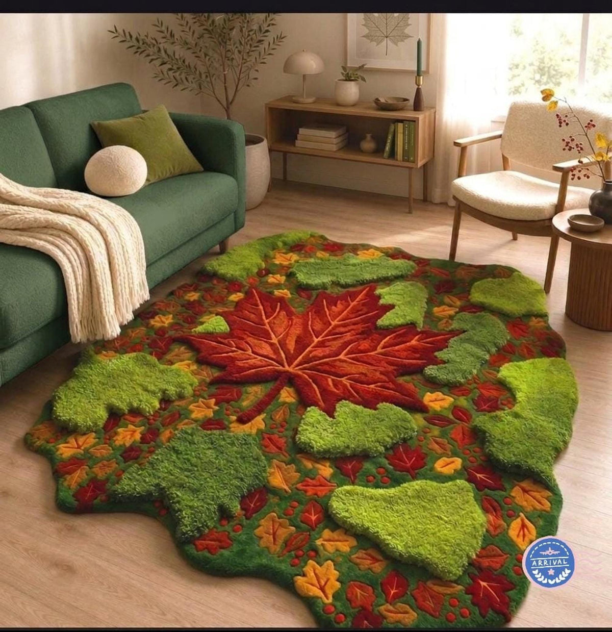 Moss Area Rug, Maple Leaf Forest Floor Decor, Hand-Carved Wool Art | Made to Order