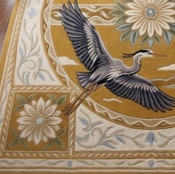 Flying Herons Baroque Border Rug – Ochre Gold & Slate Blue | 100% New Zealand Wool | Made to Order