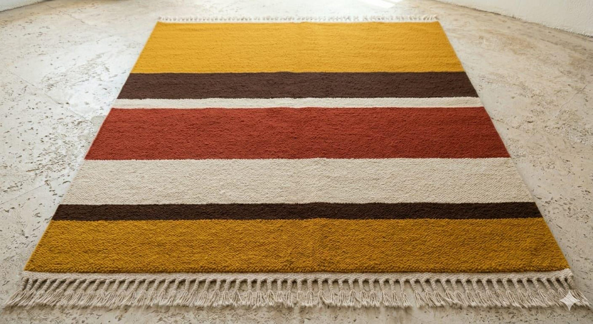 Hand Knotted Wool Area Rug – Mustard, Rust & Cream Modern Stripes | Free Doorstep Delivery to USA (Made to Order)