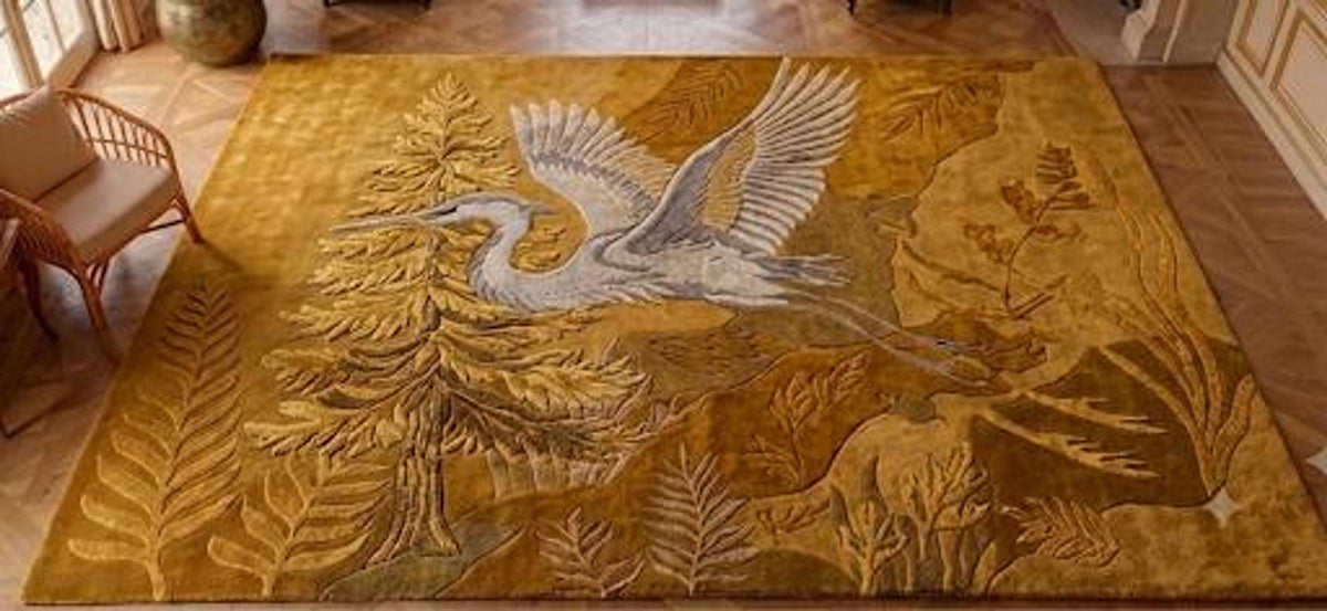 Botanical Heron Mat, Golden Yellow Autumn Home Decor, Sculpted Wool Entryway Accent | 100% New Zealand Wool | Made to Order