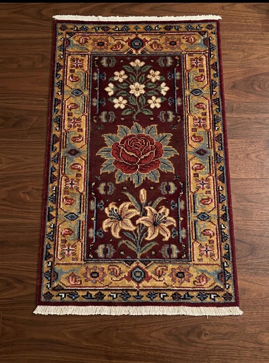 Hand Knotted Wool Floral Runner Rug – Burgundy, Gold & Teal Persian-Style Hallway Carpet | Free Doorstep Delivery to USA (Made to Order)