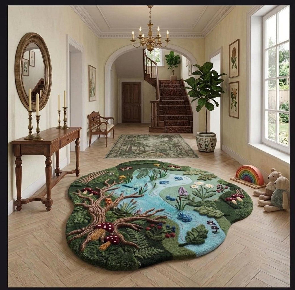 Woodland Nursery Rug, Hand-Carved Wool Forest Pond, Irregular Shape Mat for Kids | Made to Order