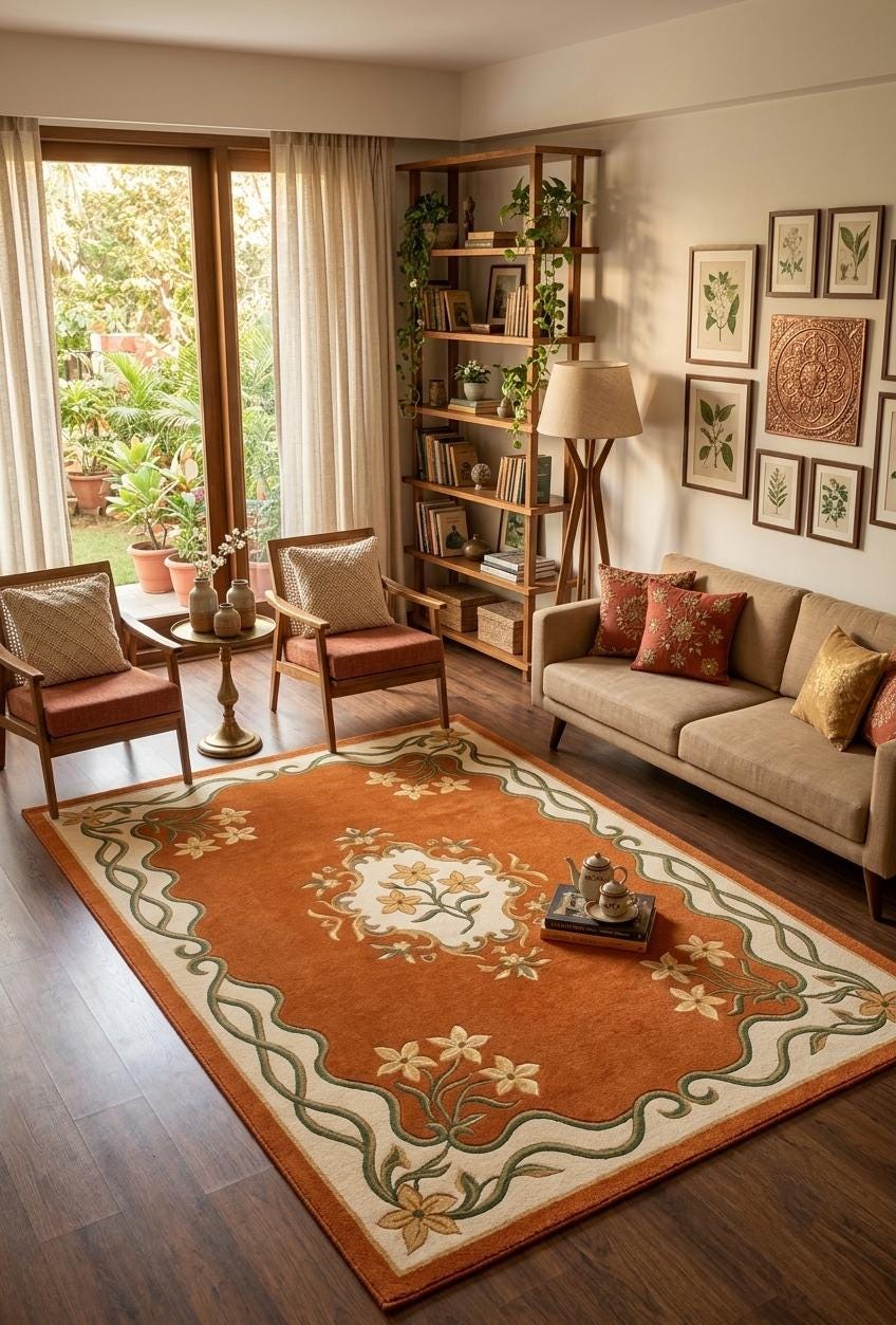 Hand-Tufted Terracotta Floral Medallion Rug – Sage Green Ribbon Border | 100% Wool | Made to Order
