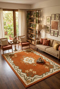 Hand-Tufted Terracotta Floral Medallion Rug – Sage Green Ribbon Border | 100% Wool | Made to Order
