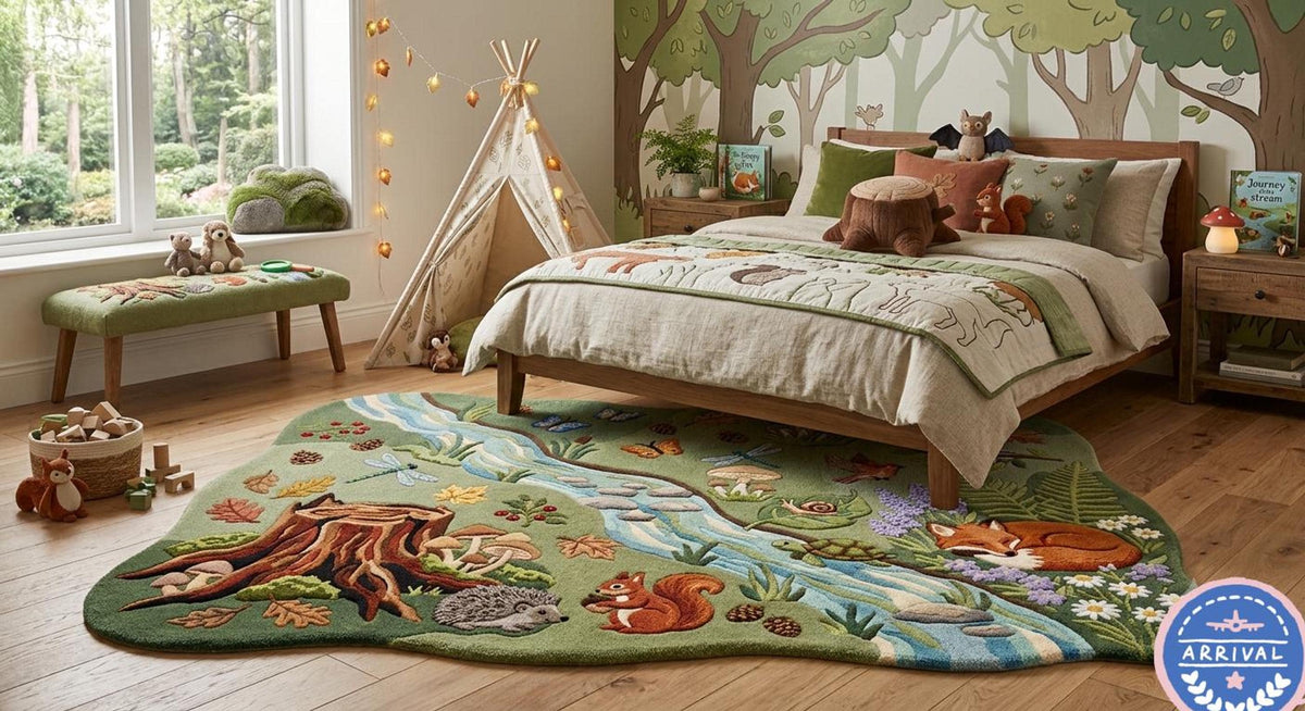 Woodland Animal Area Rug, Meadow Stream Carpet for a Storybook Nursery, Hand-Carved Wool Design | 100% New Zealand Wool | Made to Order