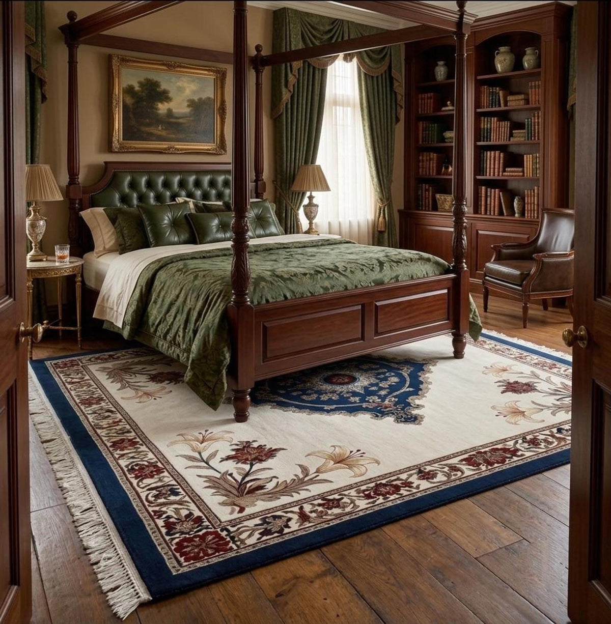 Luxury Wool Area Rug, Ivory Sapphire Medallion with Burgundy Floral Border, Hand-Tufted Traditional Decor | Made to Order