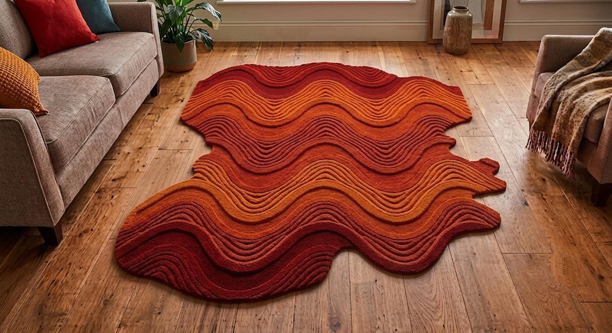 Handcrafted in India 3D Wavy Wool Rug - Sculpted Rust Orange Sunset Gradient Area Carpet, Retro 70s Groovy Mid-Century Modern Irregular | Made to Order