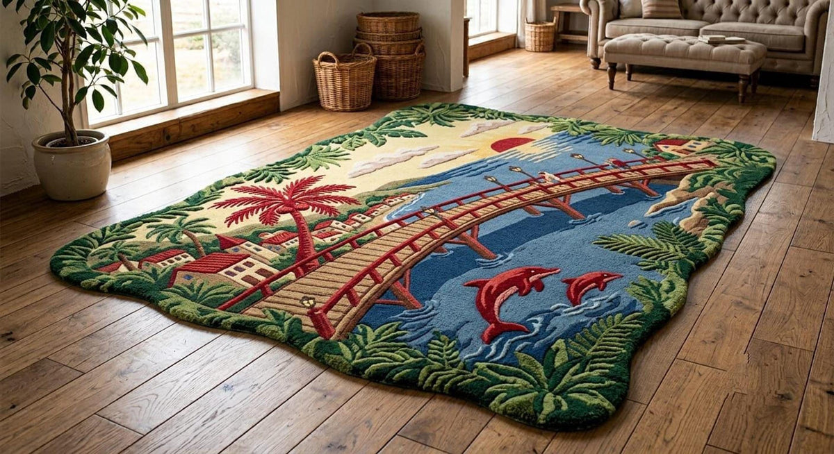 3D Coastal Area Rug, Hand-Tufted Pier Scene, Blue Waters with Pink Dolphins | 100% New Zealand Wool | Made to Order
