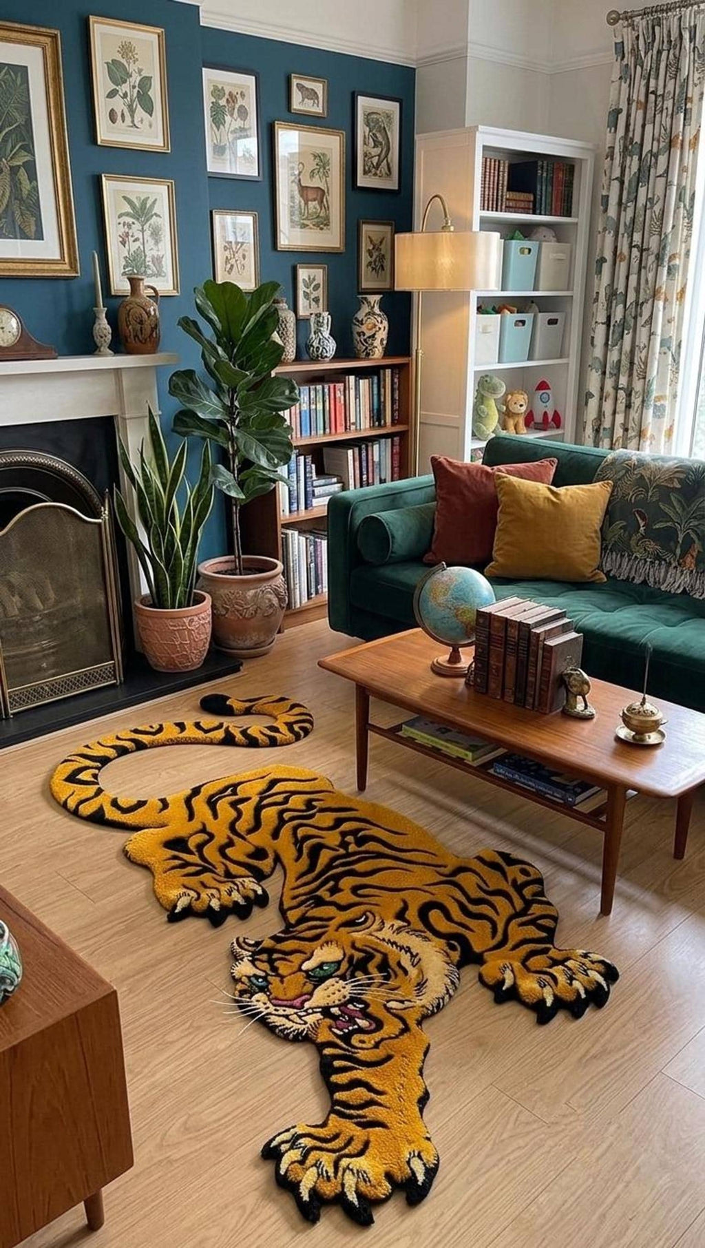 Tibetan Tiger Rug, Mustard Gold Crouching Silhouette, Hand-Made Wool Floor Art | Made to Order