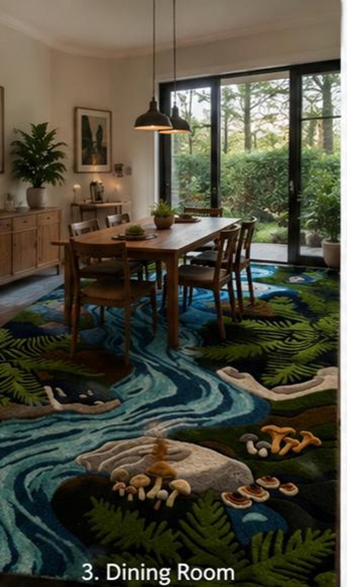 3D River Area Rug, Handmade Wool Pile with Sculpted Boulders, Mushroom and Fern Woodland Decor | Made to Order