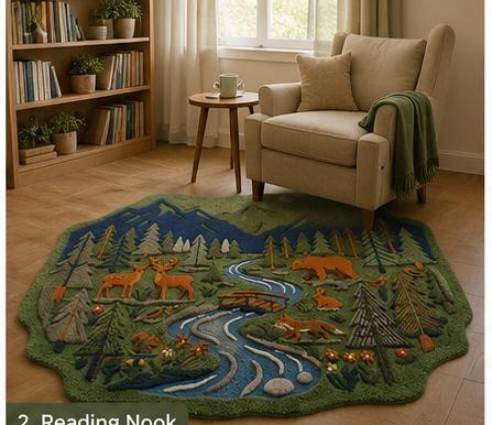 Hand-Carved Wool Forest Wildlife Rug – Mountain Stream, Deer, Bear, Fox Scene | Made to Order