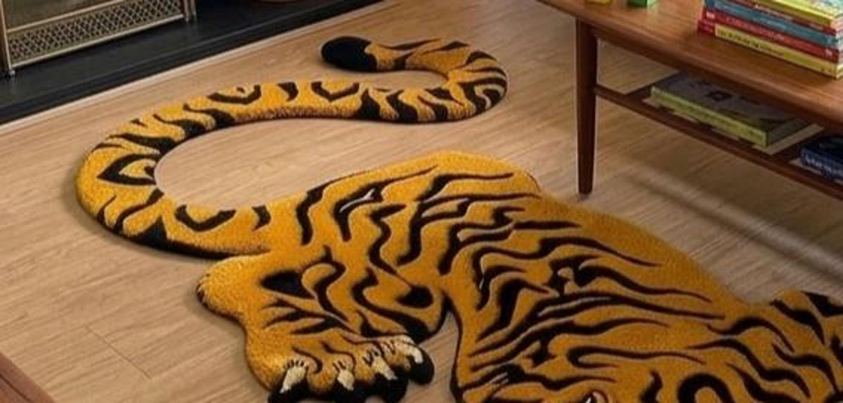 Tibetan Tiger Rug, Mustard Gold Crouching Silhouette, Hand-Made Wool Floor Art | Made to Order