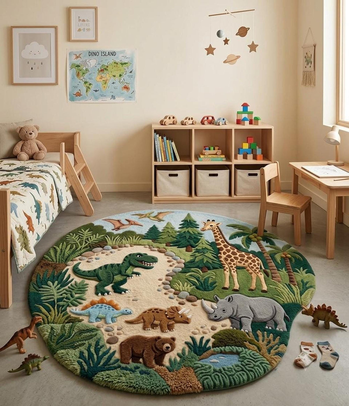 3D Dinosaur Rug, Prehistoric Nursery Playroom Decor, Hand-Tufted Wool Floor Mat | 100% New Zealand Wool | Made to Order