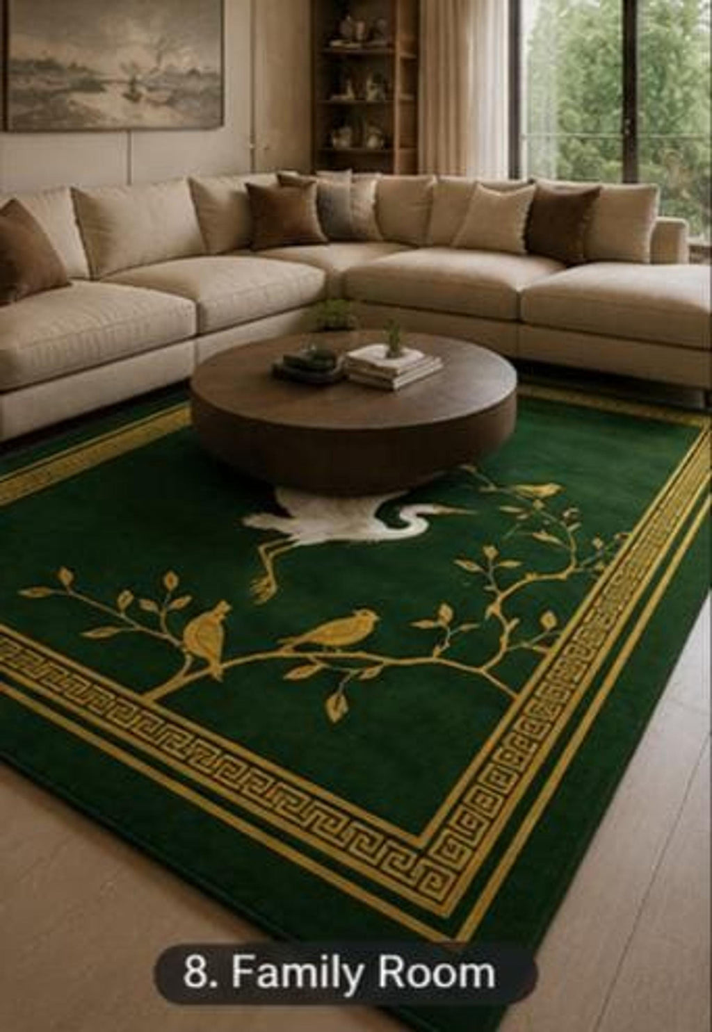 Chinoiserie Crane Rug, Hand-Tufted Emerald Carpet, Gold Songbird Accent | 100% New Zealand Wool | Made to Order